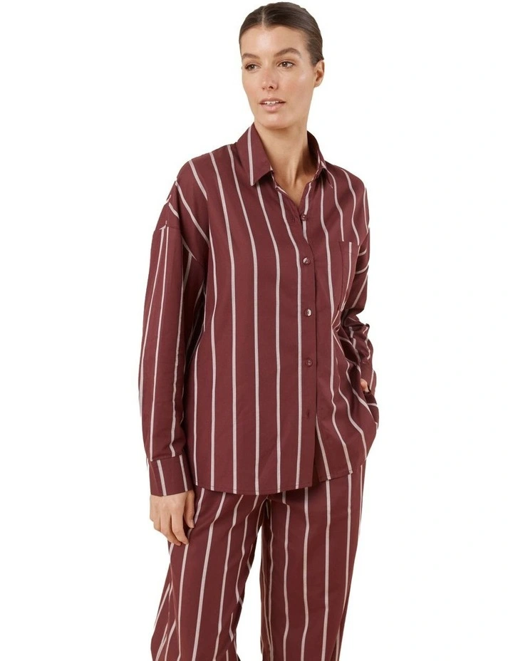 Chloe Cotton Striped Pyjama Set in Burgundy image 4
