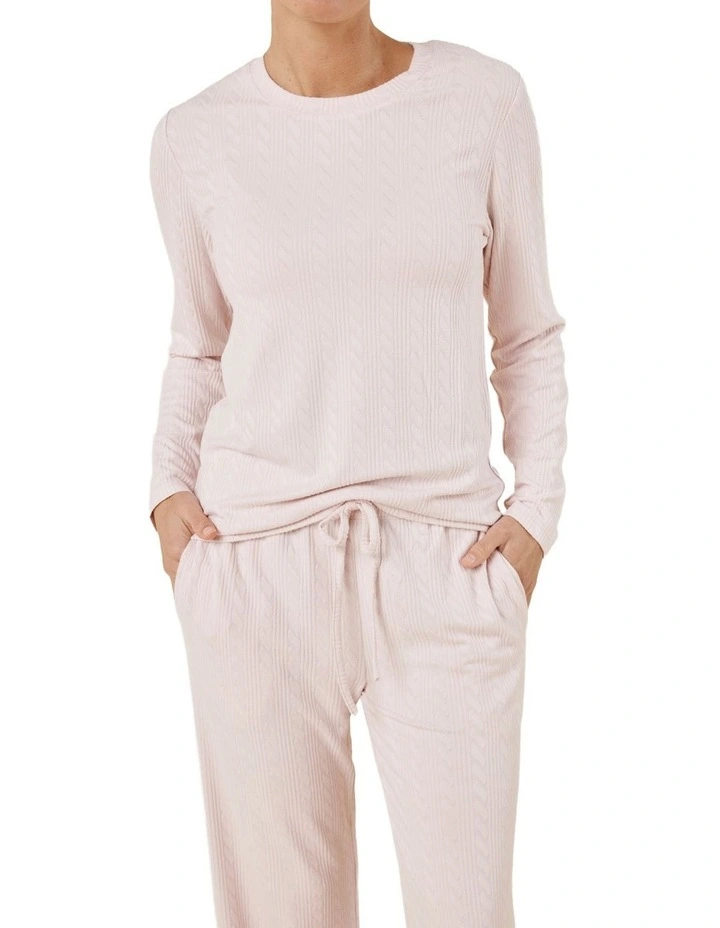 Ellie Lightweight Velour Cable Knit Set in Pink image 5