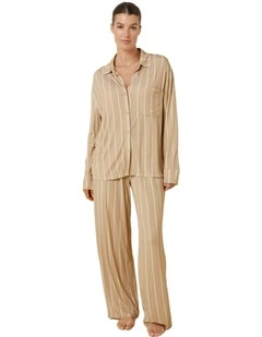 Harlow Bamboo Striped Pyjama Set in Beige
