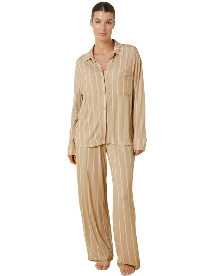 Harlow Bamboo Striped Pyjama Set in Beige image 1