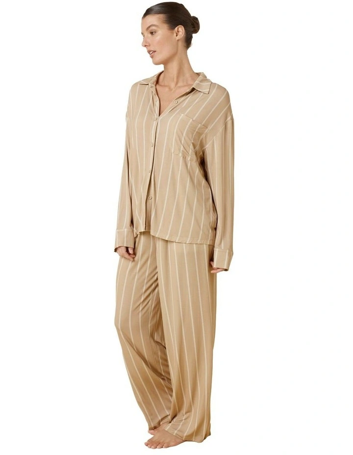 Harlow Bamboo Striped Pyjama Set in Beige image 3