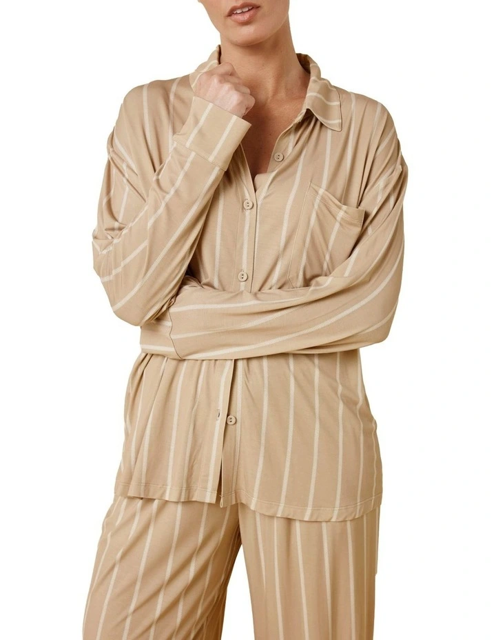 Harlow Bamboo Striped Pyjama Set in Beige image 4