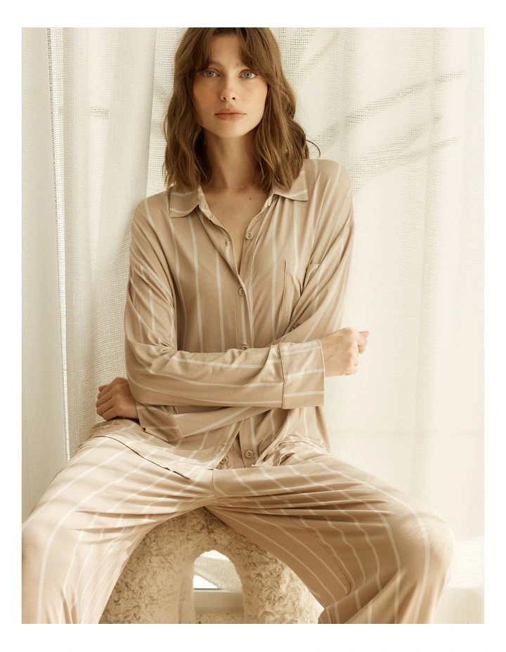 Harlow Bamboo Striped Pyjama Set in Beige image 5