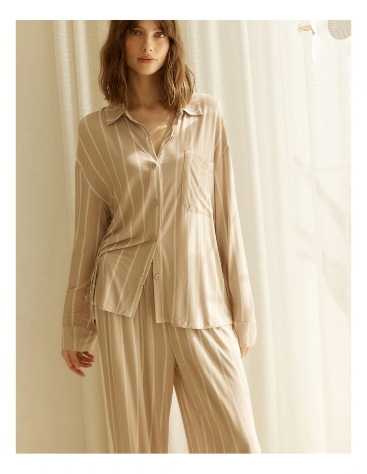 Harlow Bamboo Striped Pyjama Set in Beige image 6