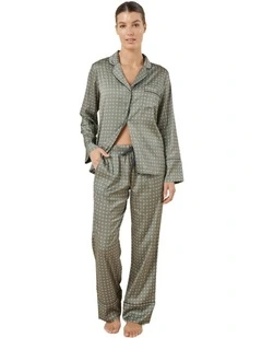 Kienna Geo Printed Silky Satin Pyjama Set in Olive