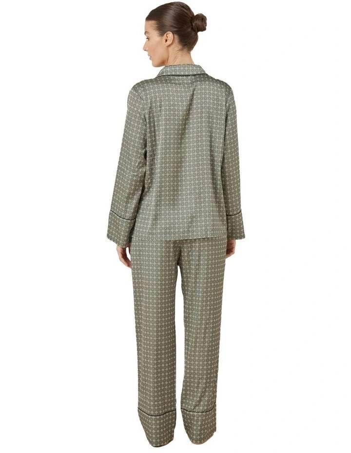 Kienna Geo Printed Silky Satin Pyjama Set in Olive image 2