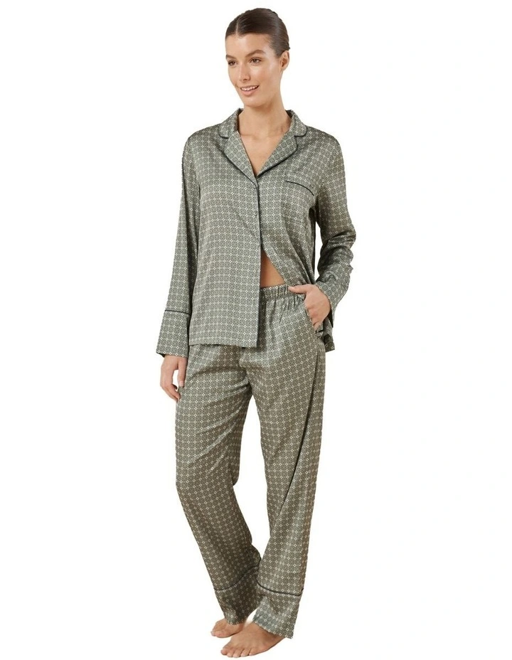 Kienna Geo Printed Silky Satin Pyjama Set in Olive image 3