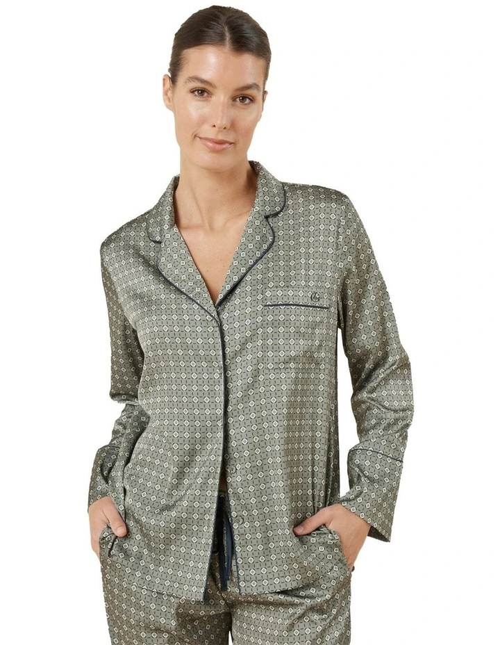 Kienna Geo Printed Silky Satin Pyjama Set in Olive image 4