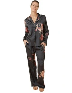 Ruby Floral Satin Pyjama Set in Black