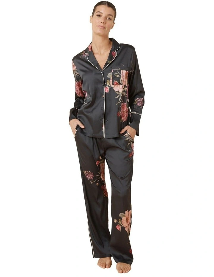 Ruby Floral Satin Pyjama Set in Black image 1