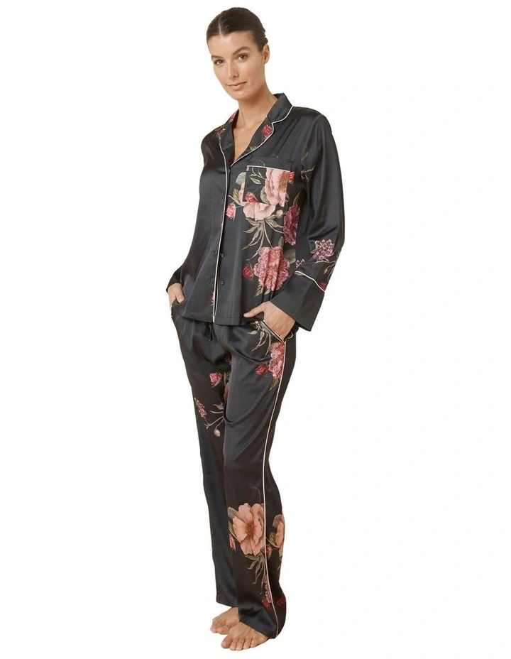 Ruby Floral Satin Pyjama Set in Black image 3