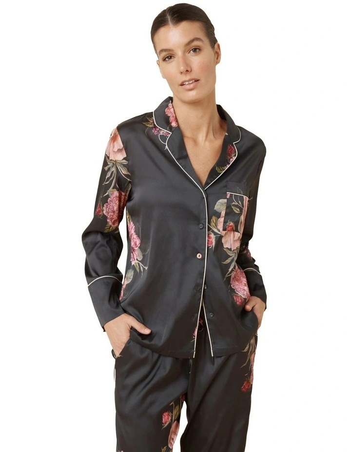 Ruby Floral Satin Pyjama Set in Black image 4
