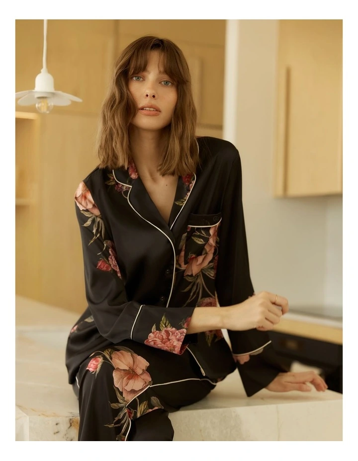 Ruby Floral Satin Pyjama Set in Black image 7