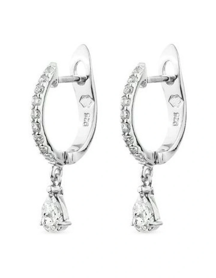 Pure Drop Huggie Earrings with Diamonds in Silver image 1