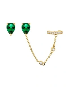 Pure Stud & Ear Cuff Set With Emeralds & Diamonds in Gold