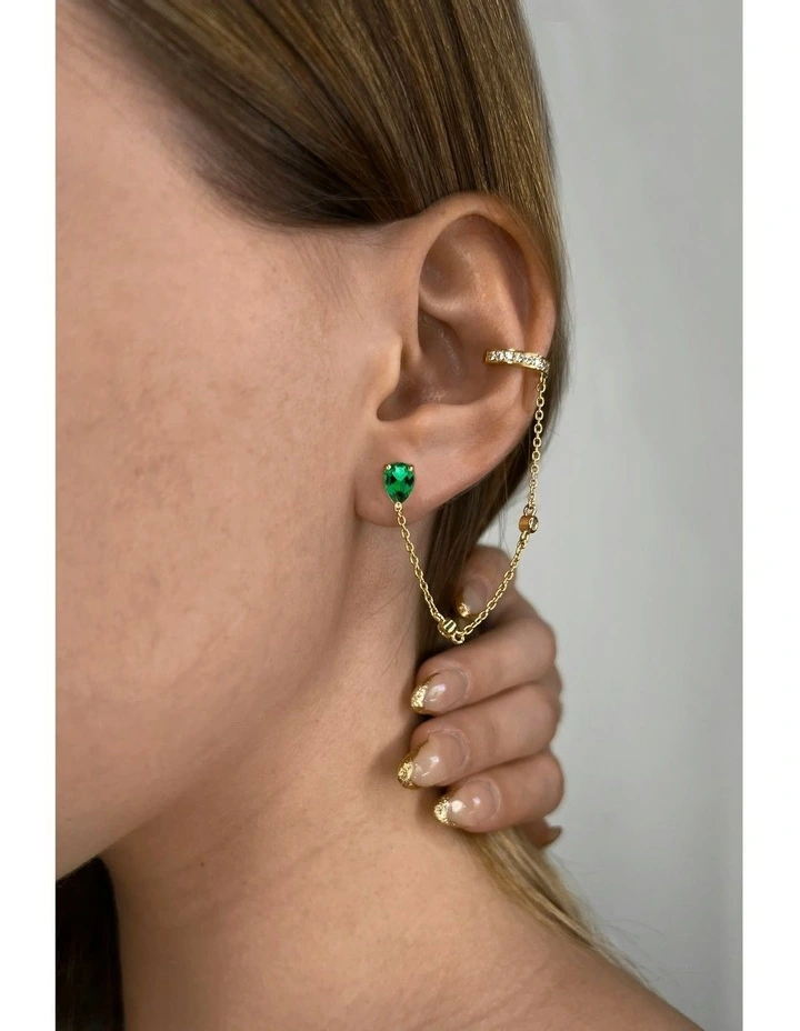 Pure Stud & Ear Cuff Set With Emeralds & Diamonds in Gold image 2