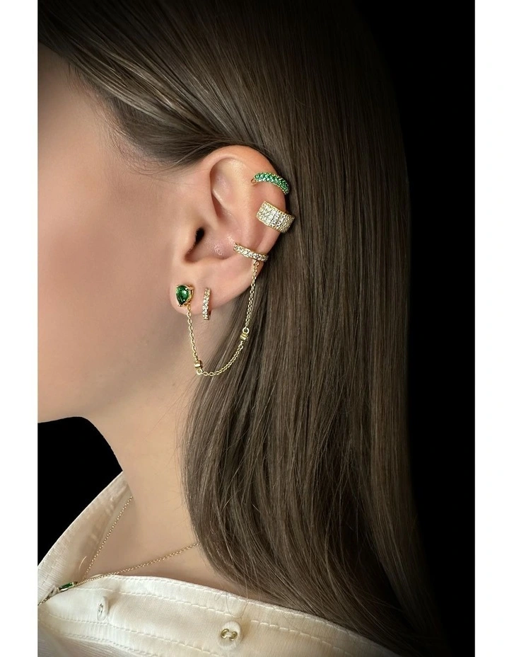 Pure Stud & Ear Cuff Set With Emeralds & Diamonds in Gold image 4
