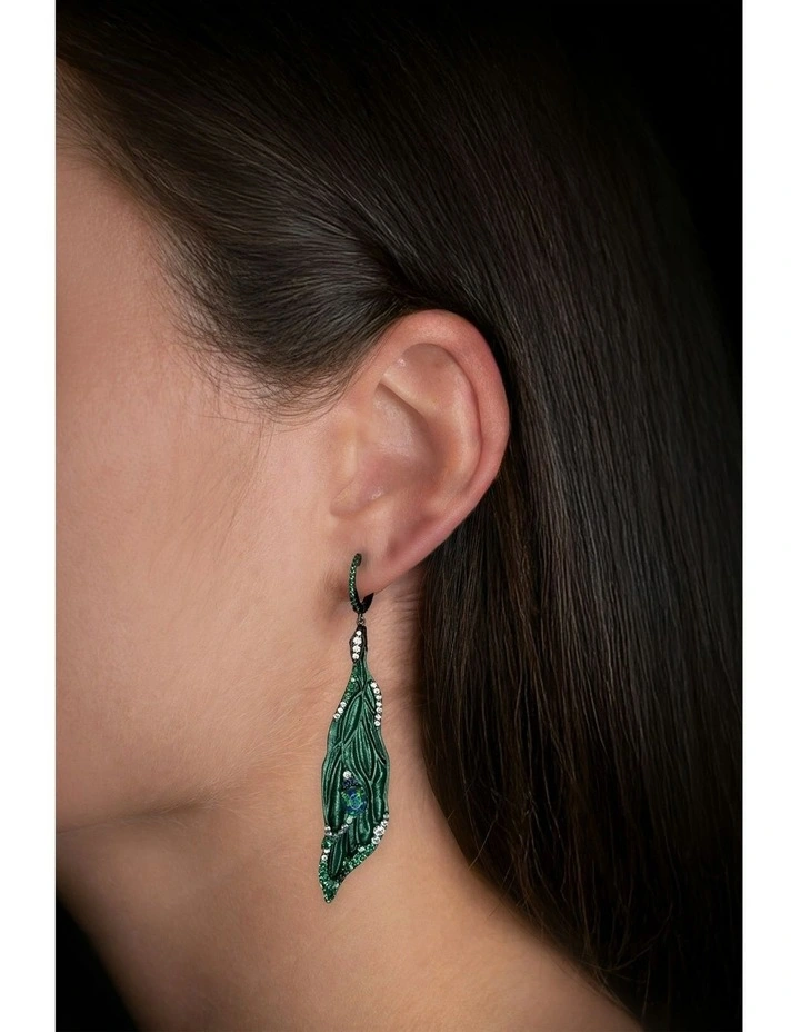 Wings of Flight Earrings with Opals With Mixed Diamonds in Black image 2