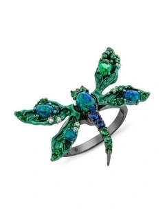 Dragonfly Ring with Opals And With Mixed Diamonds in Black