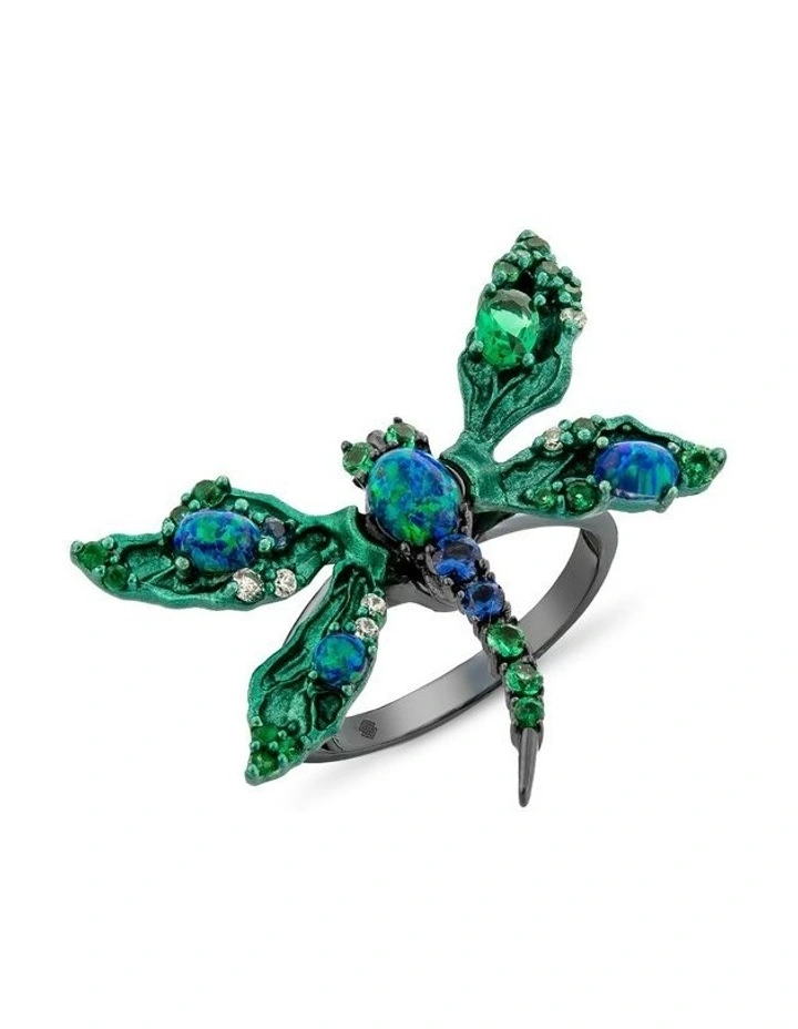 Dragonfly Ring with Opals And With Mixed Diamonds in Black image 1