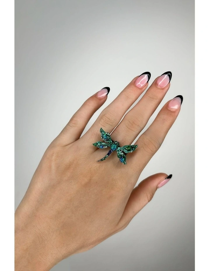 Dragonfly Ring with Opals And With Mixed Diamonds in Black image 2