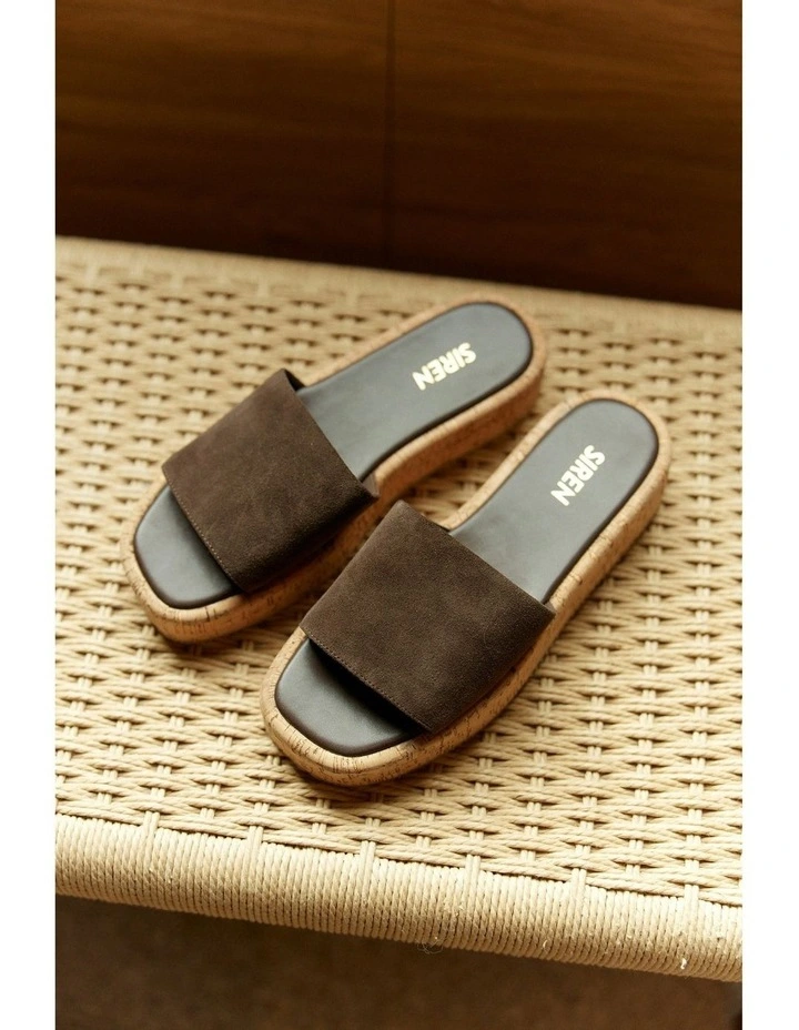 Detroit Flatform Slides in Chocolate Brown Suede & Cork image 2
