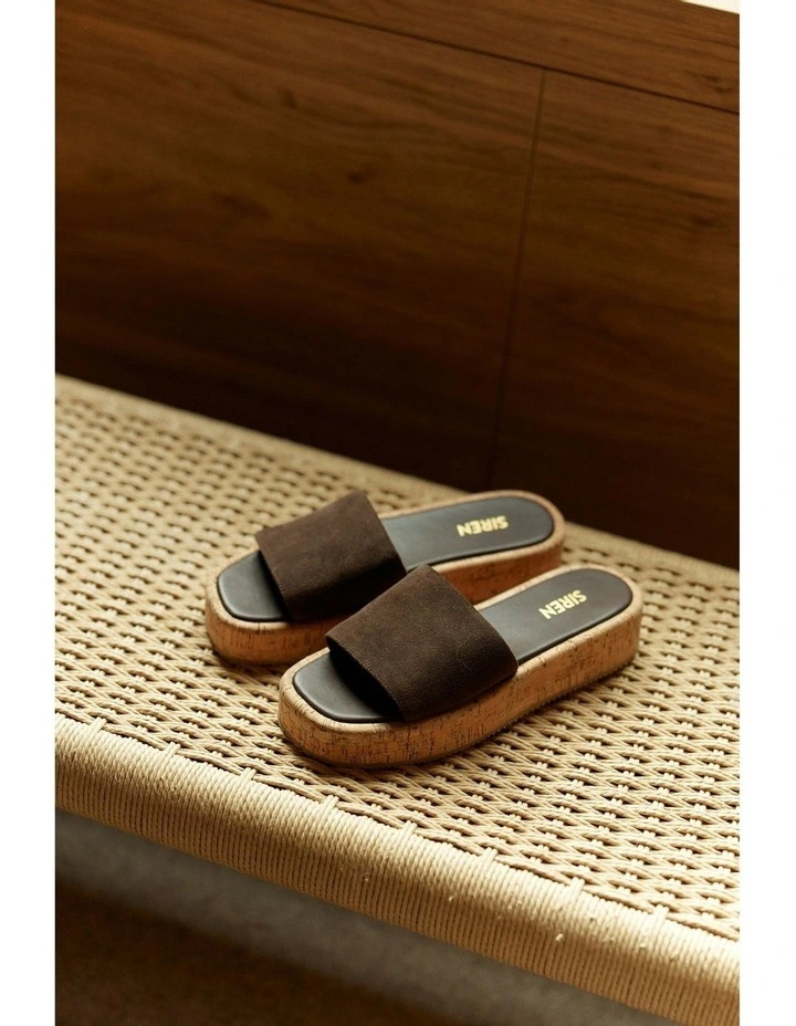 Detroit Flatform Slides in Chocolate Brown Suede & Cork image 3