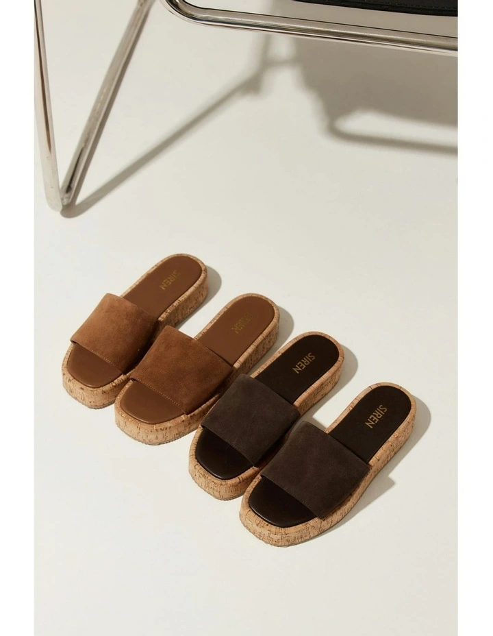 Detroit Flatform Slides in Chocolate Brown Suede & Cork image 7
