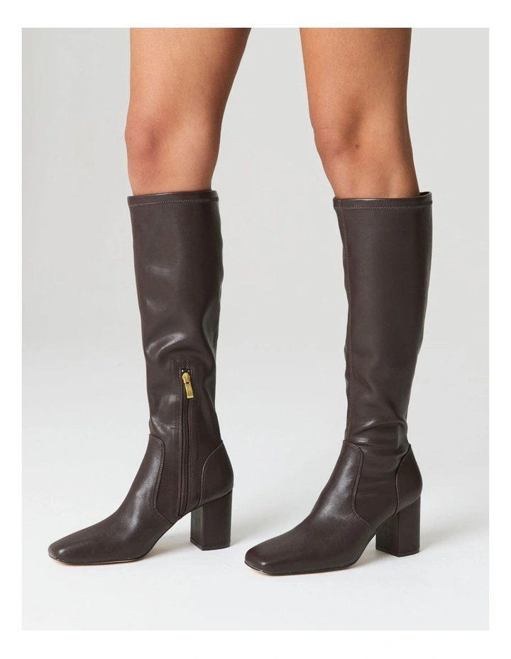 Emma Long Boots in Chocolate Brown Stretch image 2