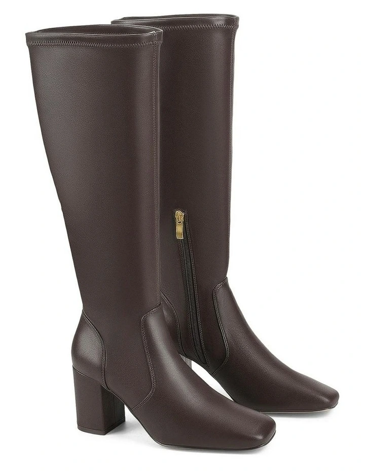 Emma Long Boots in Chocolate Brown Stretch image 3