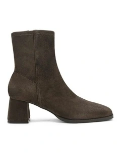 Noelle Stretch Suede Block Heel Ankle Boots in Chocolate Brown