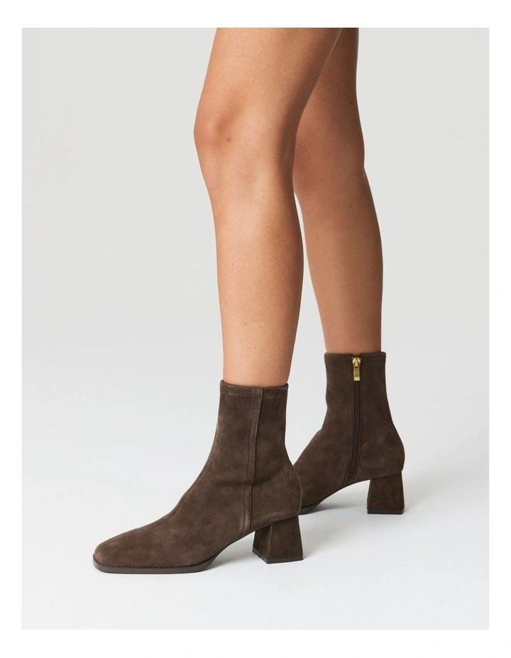 Noelle Stretch Suede Block Heel Ankle Boots in Chocolate Brown image 2