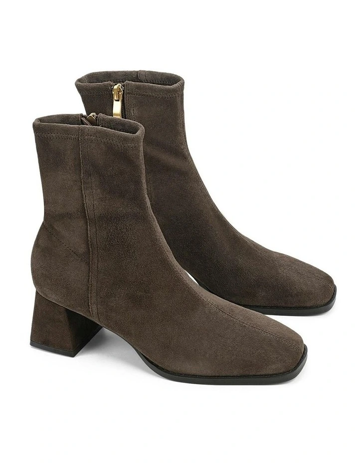 Noelle Stretch Suede Block Heel Ankle Boots in Chocolate Brown image 3