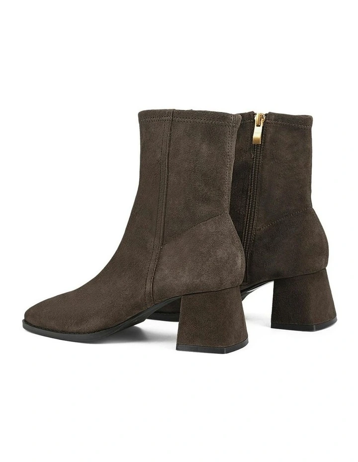 Noelle Stretch Suede Block Heel Ankle Boots in Chocolate Brown image 3