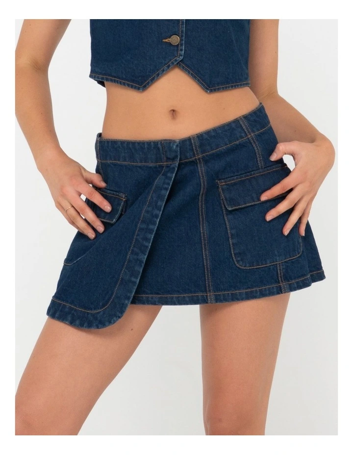 Rusty Ryley Low Rise Cargo Denim Mini Skirt In Blue MYER