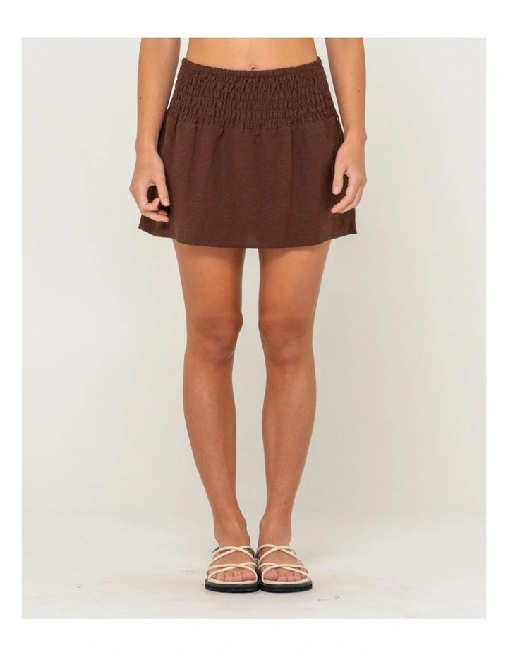 Palm Springs Shirred Mini Skirt in Brown image 1
