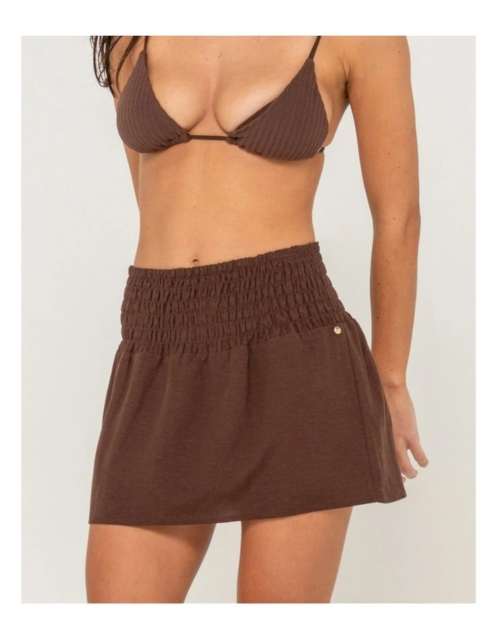 Palm Springs Shirred Mini Skirt in Brown image 4