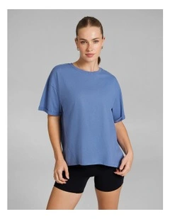 Split Hem Logo Boyfriend Tee in Steel Blue