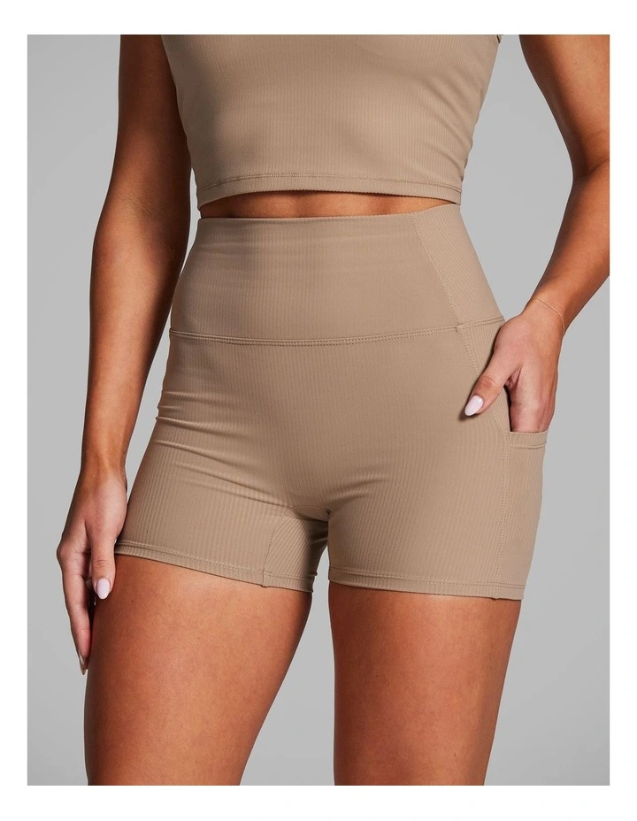 Luxesoft Rib Longline Booty Shorts in Caramel image 3