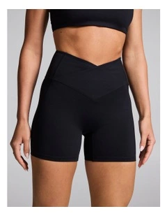 Cross Front Mid Thigh Bike Shorts in Black