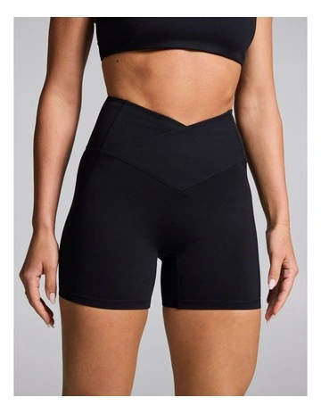 Cross Front Mid Thigh Bike Shorts in Black