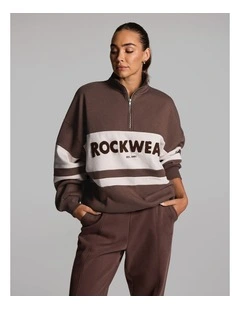 Cosy Fleece Oversized Blocked Half Zip Jumper in Walnut