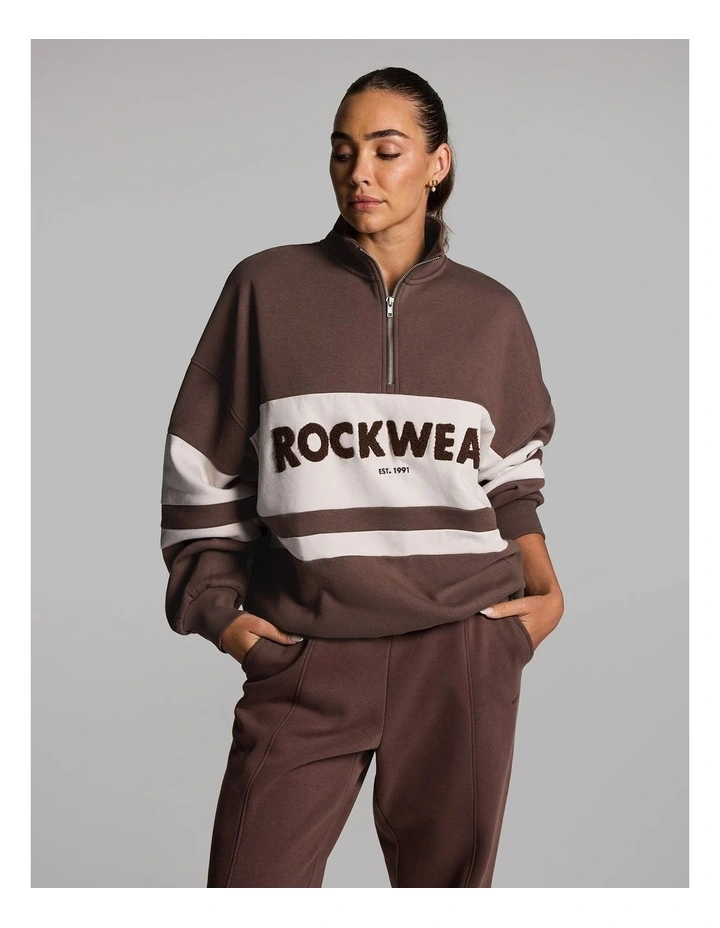 Cosy Fleece Oversized Blocked Half Zip Jumper in Walnut image 1