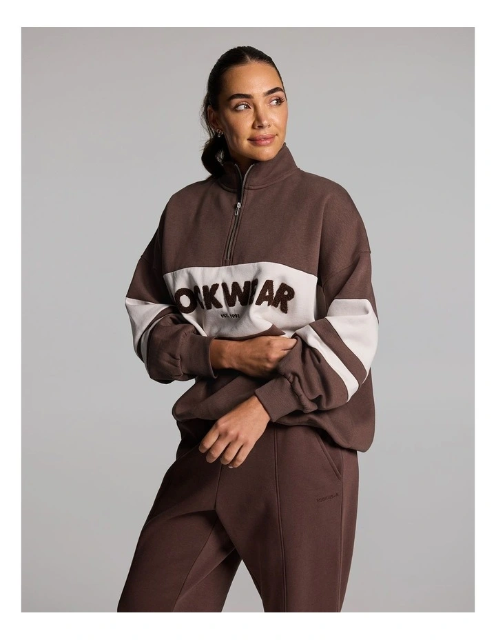 Cosy Fleece Oversized Blocked Half Zip Jumper in Walnut image 3