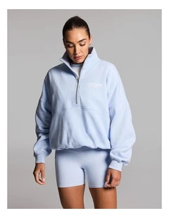 Cotton Fleece Cinched Half Zip Hoodie in Light Sky Blue