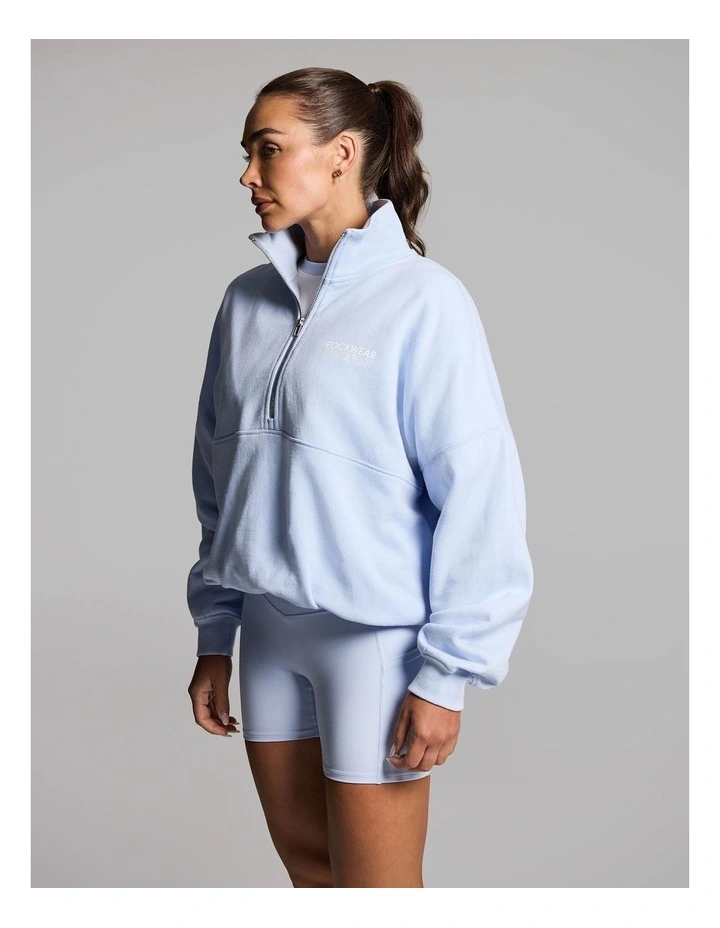 Cotton Fleece Cinched Half Zip Hoodie in Light Sky Blue image 3