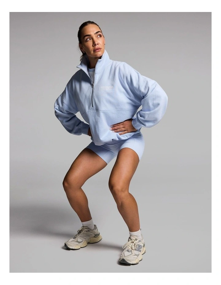 Cotton Fleece Cinched Half Zip Hoodie in Light Sky Blue image 5