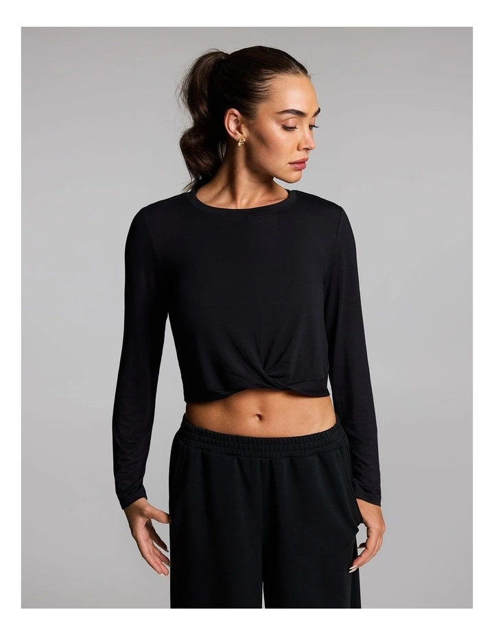 Twist Front Long Sleeve Top in Black image 1