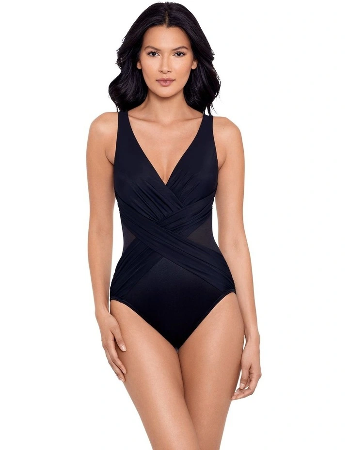 Illusionists Crossover Draped Swimsuit in Black image 4