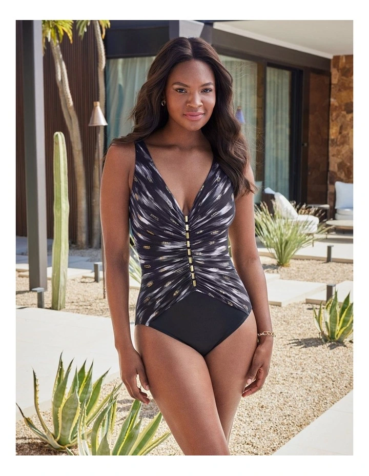 Bronze Reign Charmer V Neck Tummy Control Swimsuit in Black Multi image 3